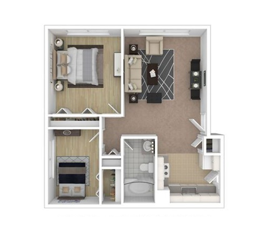 Floor plan for 2 beds, 1 bath, 725 sqft